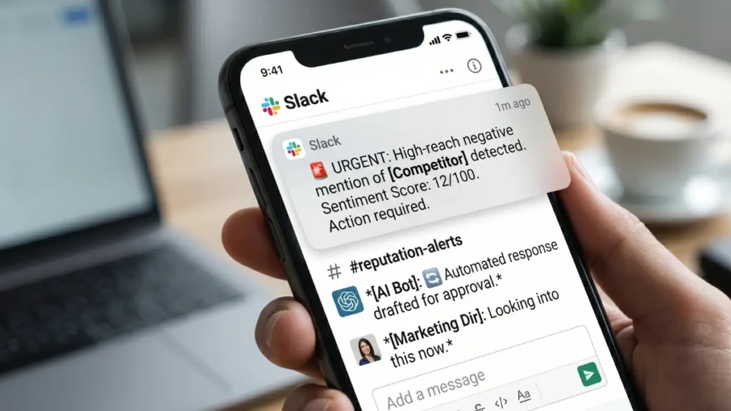 A real-time Slack alert for reputation management automation triggered by an AI social listening tool.
