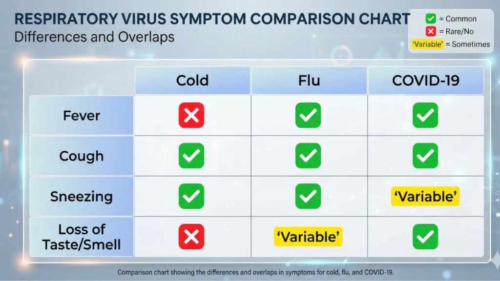 Comparison chart showing the differences and overlaps in symptoms for cold, flu, and COVID-19.
