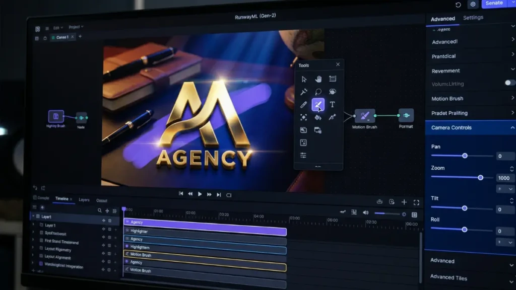 Using the Motion Brush tool in Runway to create a cinematic logo reveal AI without distorting geometry.