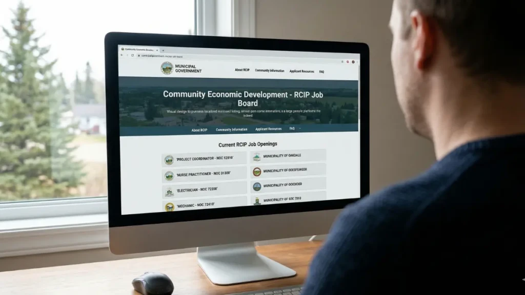 Navigating a municipal economic development website to find jobs for RCIP Canada.