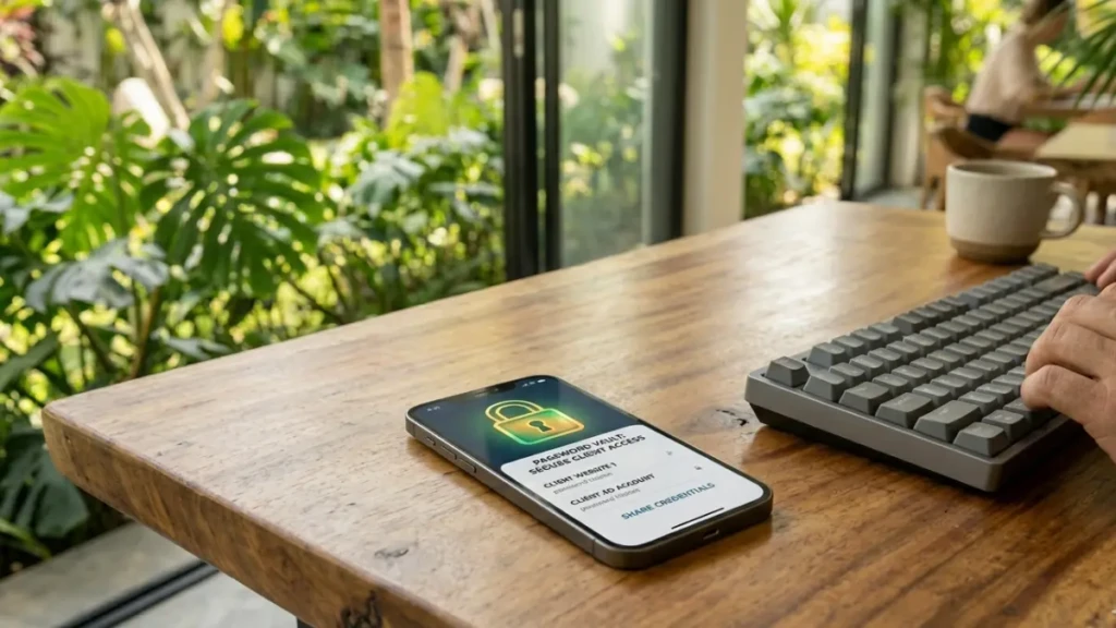 Using a secure password manager to safely share website credentials with a marketing agency.