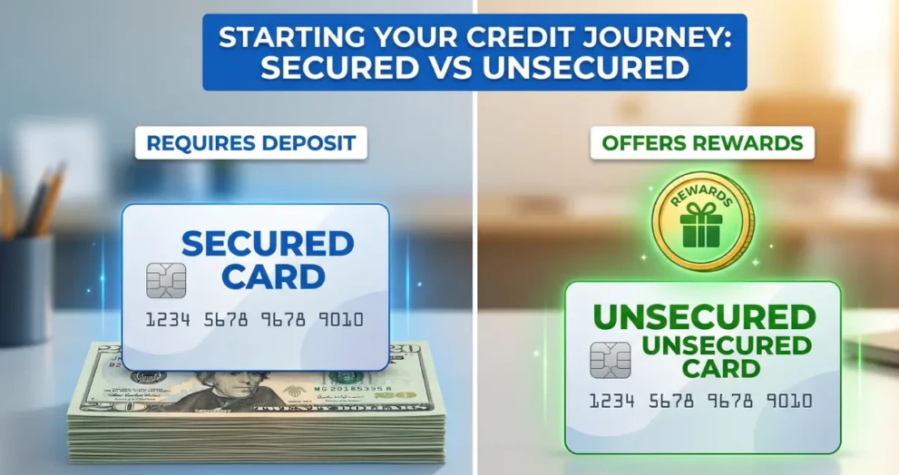 A visual comparison of a secured credit card vs unsecured credit card for beginners.