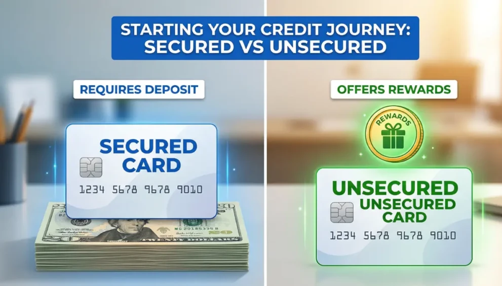 A visual comparison of a secured credit card vs unsecured credit card for beginners.