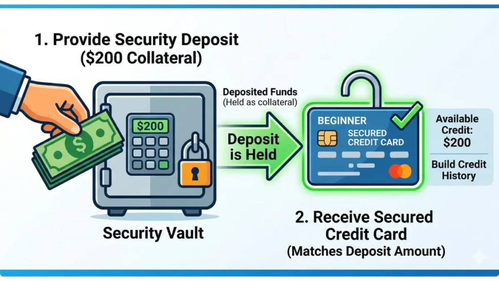 Infographic explaining the difference between secured and unsecured credit cards for beginners.