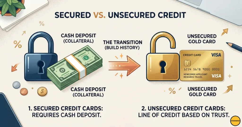 Infographic explaining the difference between secured credit cards and unsecured credit cards for newcomers.