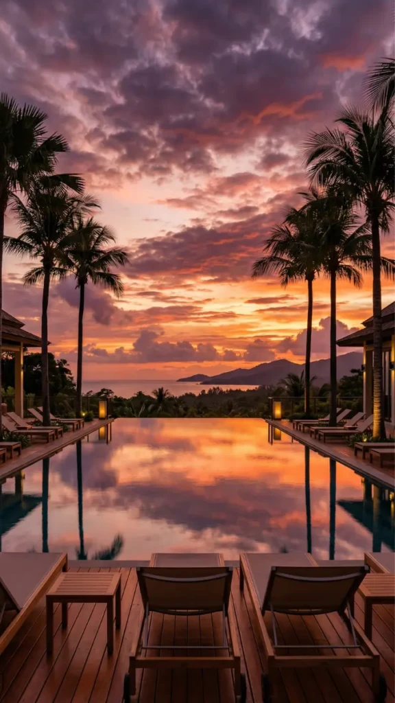 An empty luxury resort infinity pool demonstrating the benefits of booking travel during the shoulder season