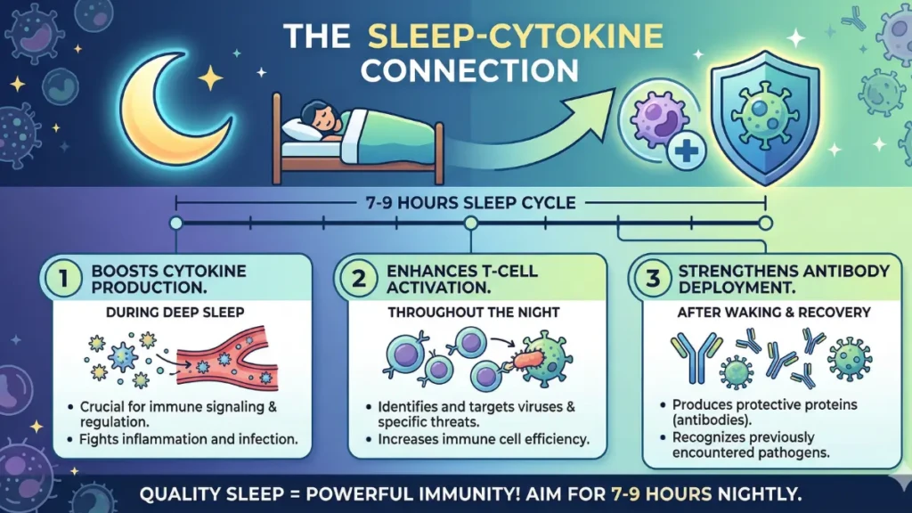 Infographic showing how 7 to 9 hours of sleep boosts cytokine production and strengthens the immune system.