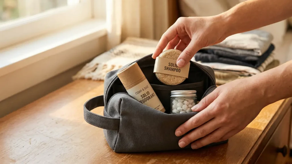 Packing solid travel toiletries like shampoo bars to bypass airport security liquid limits.