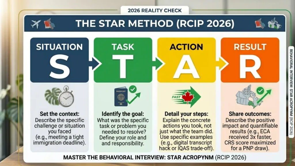  Infographic explaining the STAR method for answering behavioral interview questions in Canada.