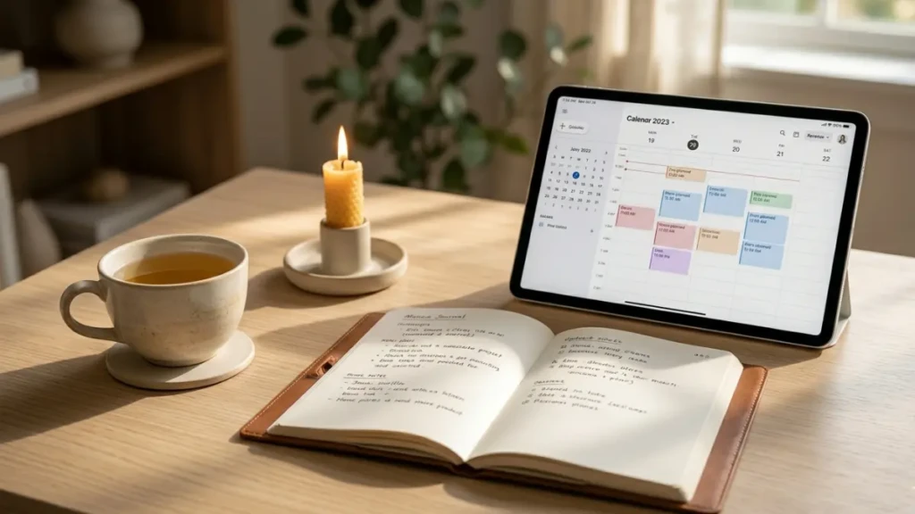 An organized workspace representing a calming and productive Sunday reset routine.