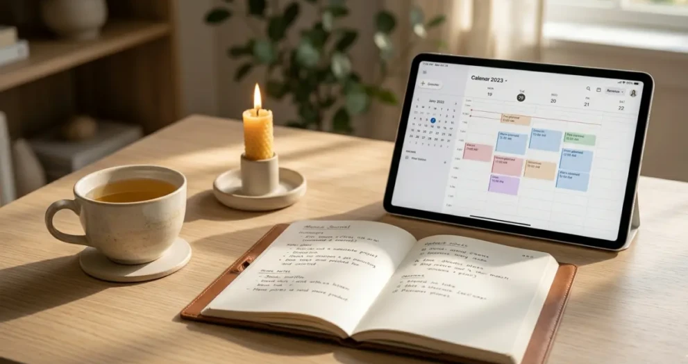 An organized workspace representing a calming and productive Sunday reset routine.