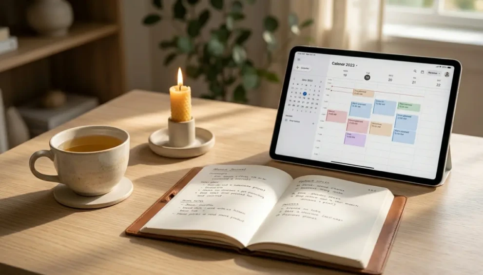 An organized workspace representing a calming and productive Sunday reset routine.