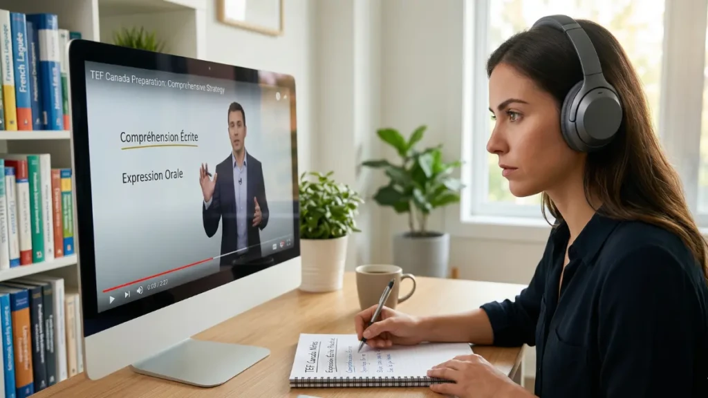  A candidate studying intensively for the TEF Canada French language test to earn NCLC 7.