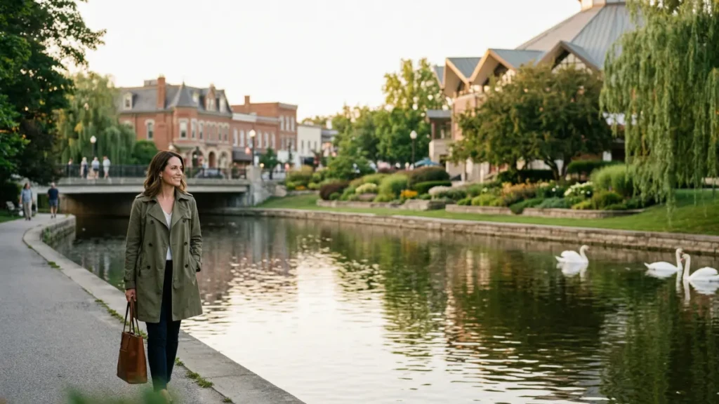 Stratford Ontario small town river swans and historic buildings Canada