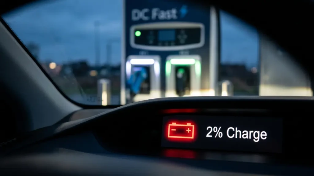 A warning screen showing a low EV battery, highlighting things you should never do to your electric vehicle.