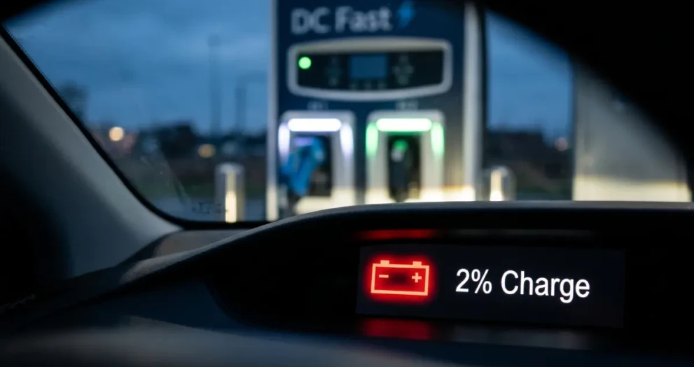 A warning screen showing a low EV battery, highlighting things you should never do to your electric vehicle.