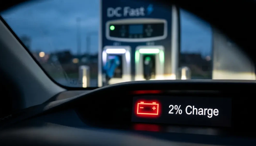 A warning screen showing a low EV battery, highlighting things you should never do to your electric vehicle.