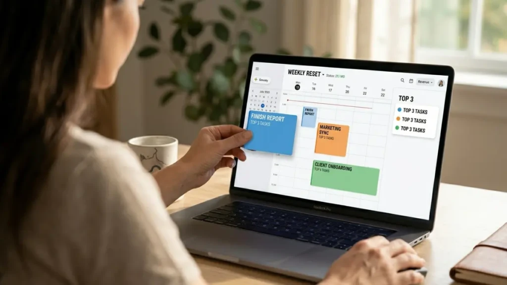 Time-blocking a digital calendar during a Sunday reset to optimize the work week.