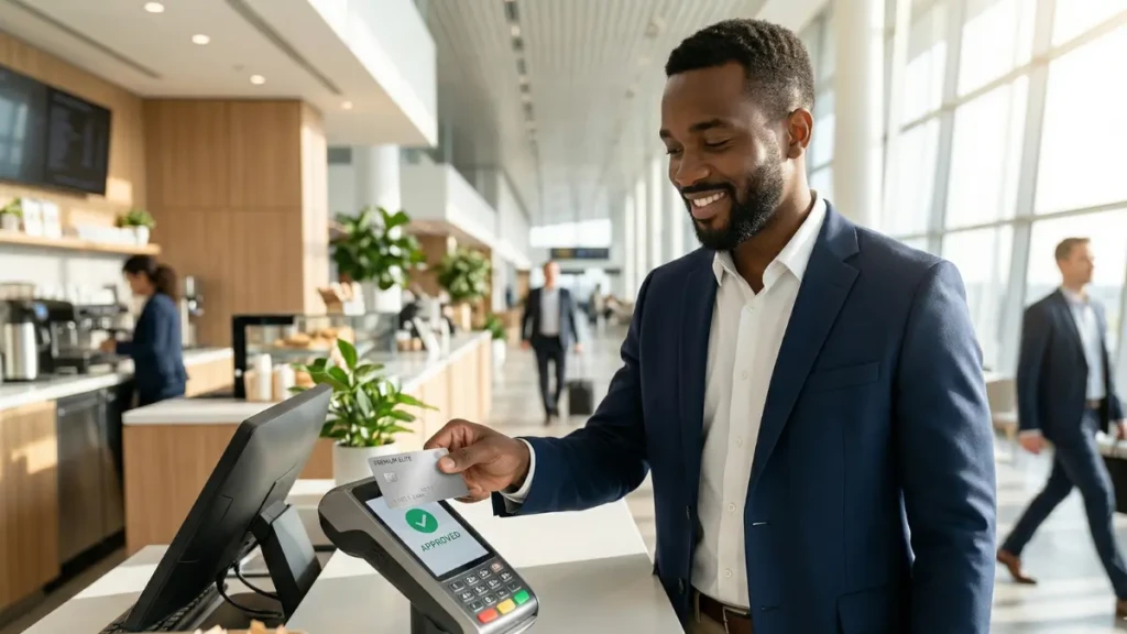  A traveler paying with a contactless no-annual-fee credit card at an airport café.