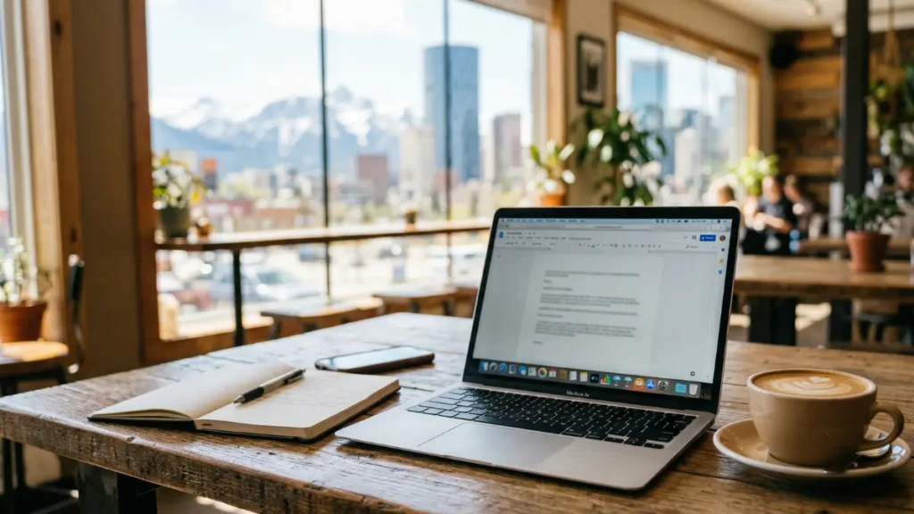Digital nomad checking their virtual mailbox on a smartphone while working remotely.