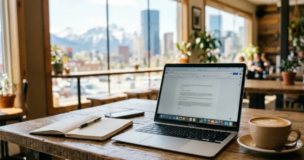 Digital nomad checking their virtual mailbox on a smartphone while working remotely.