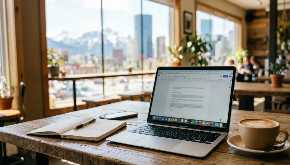 Digital nomad checking their virtual mailbox on a smartphone while working remotely.