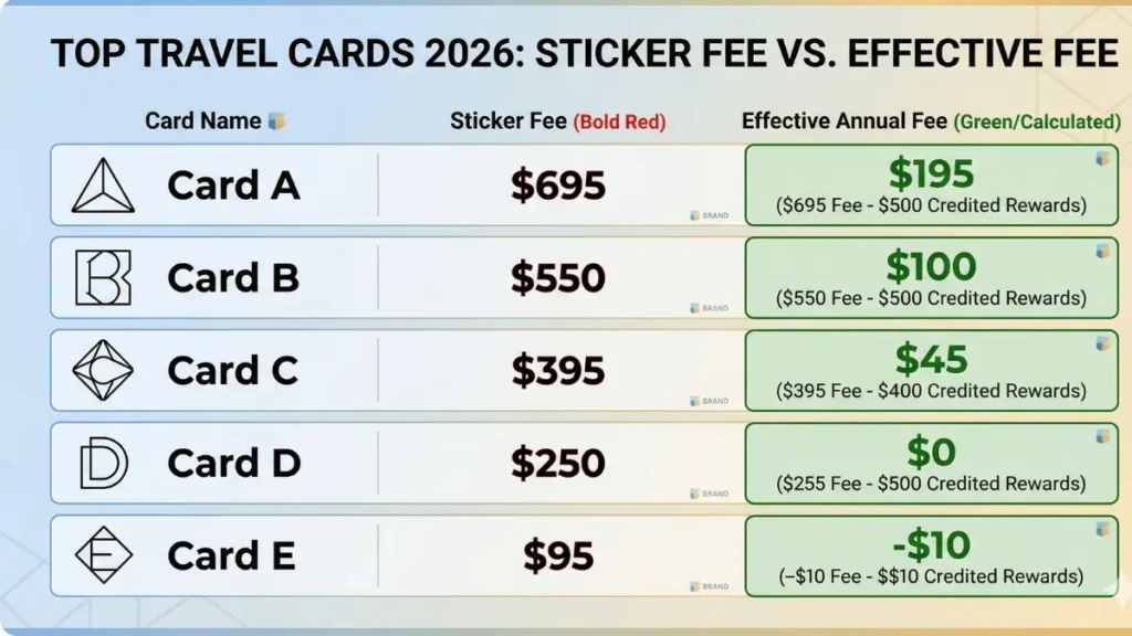 Infographic showing the effective annual fee comparison of top travel rewards credit cards.