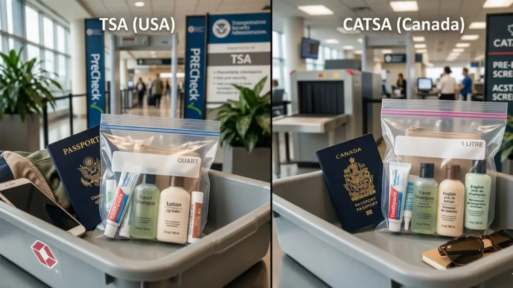 Comparison of TSA and CATSA airport security liquid rules showing clear plastic bags with travel toiletries next to US and Canadian passports.