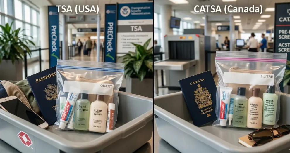 Comparison of TSA and CATSA airport security liquid rules showing clear plastic bags with travel toiletries next to US and Canadian passports.