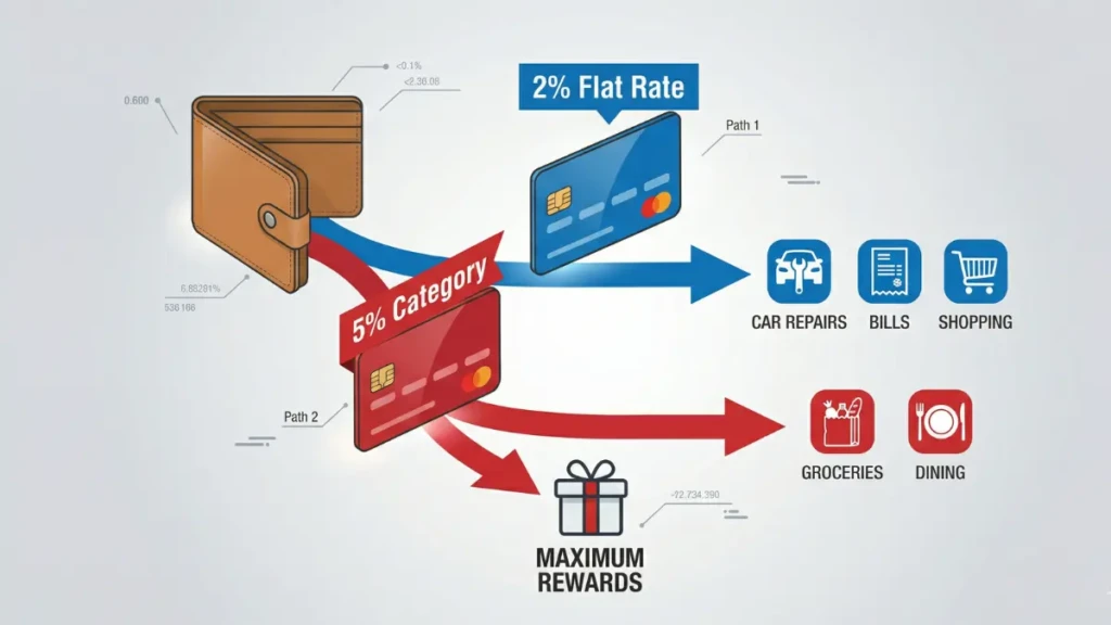 An infographic detailing how to combine flat-rate and category no-fee cashback cards for maximum rewards.