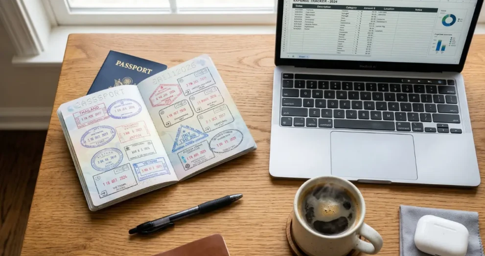 A US passport, laptop, and coffee representing tax strategies and planning for American digital nomads working abroad.