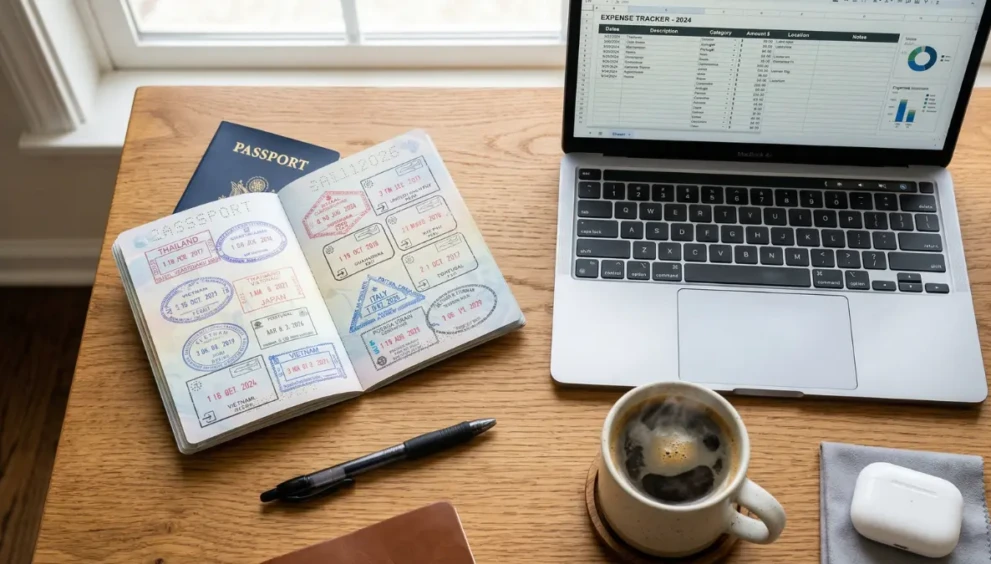A US passport, laptop, and coffee representing tax strategies and planning for American digital nomads working abroad.
