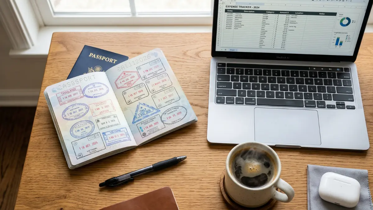 A US passport, laptop, and coffee representing tax strategies and planning for American digital nomads working abroad.