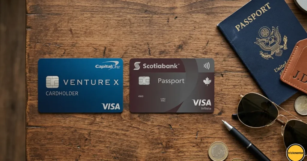 Side by side comparison of the Capital One Venture X and Scotiabank Passport Visa Infinite travel credit cards.