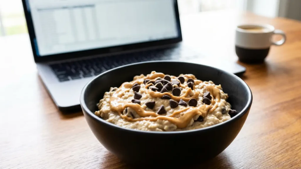 The viral cottage cheese cookie dough high-protein breakfast bowl ready to eat.
