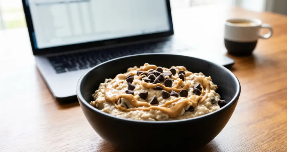 The viral cottage cheese cookie dough high-protein breakfast bowl ready to eat.