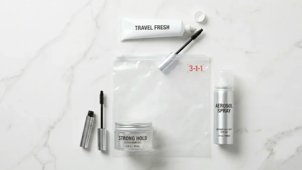 Travel-sized toiletries including toothpaste, gel, and mascara that must follow the TSA 3-1-1 liquid rule in a carry-on bag.