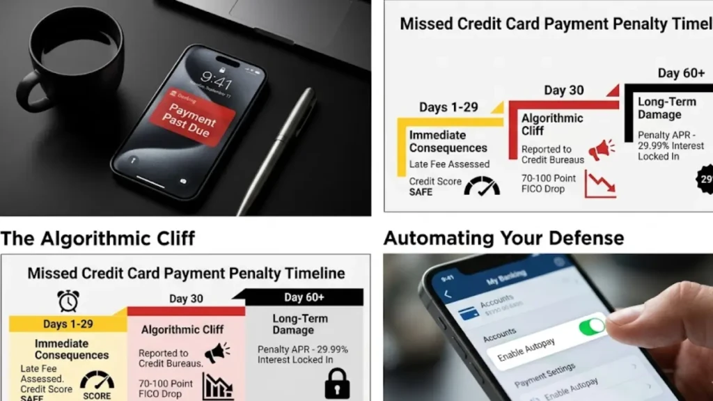 A smartphone displaying a missed credit card payment alert on a professional workspace.