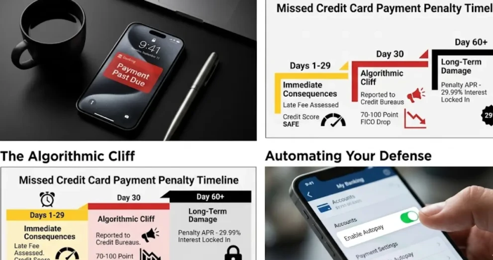 A smartphone displaying a missed credit card payment alert on a professional workspace.