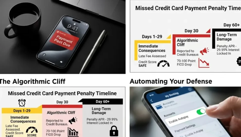A smartphone displaying a missed credit card payment alert on a professional workspace.