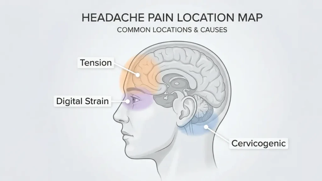 A diagnostic map showing the different locations of headache pain and their common causes.