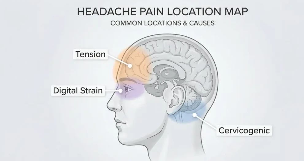 A diagnostic map showing the different locations of headache pain and their common causes.