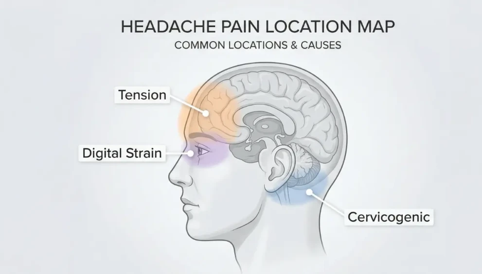 A diagnostic map showing the different locations of headache pain and their common causes.