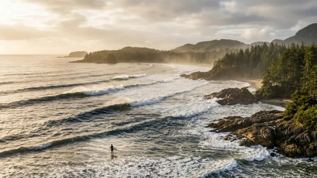 Tofino beach town British Columbia with ocean waves and rugged coastline Canada