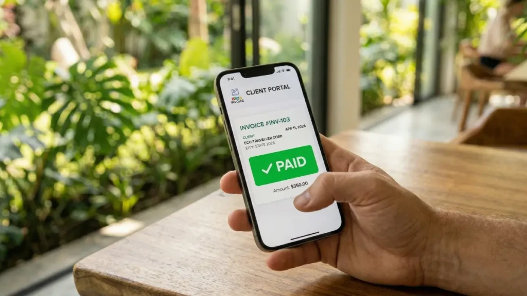 A freelancer checking a paid invoice on a mobile client portal using free billing software